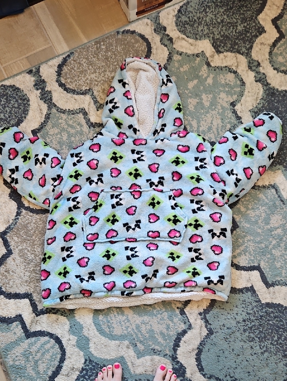 Kids Light Blue Sherpa Hoodie with Pink Heart Print